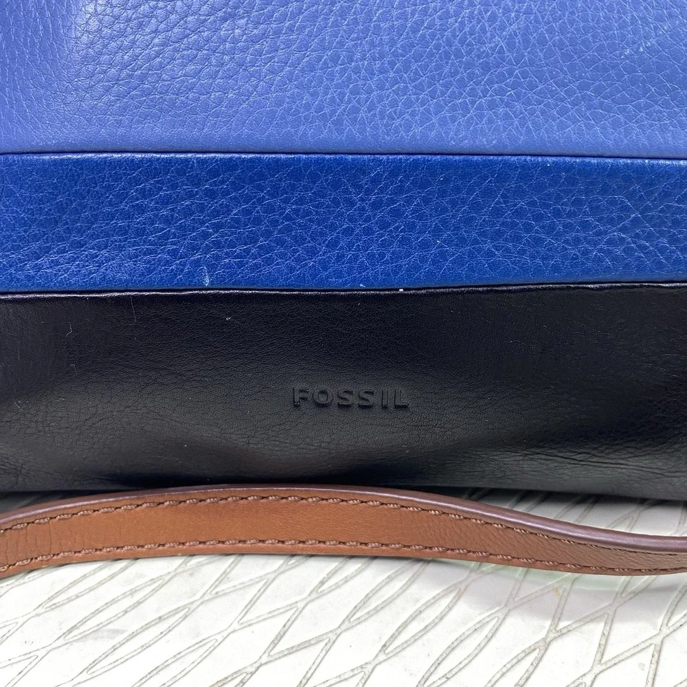 Fossil Striped Leather Top-Zip Women's Crossbody‎ Bag Blue/Black/Orange 8x9.5x1